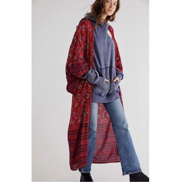 Free People Red Vineyard Border Print Kimono Duster Maxi O/S - Picture 7 of 7